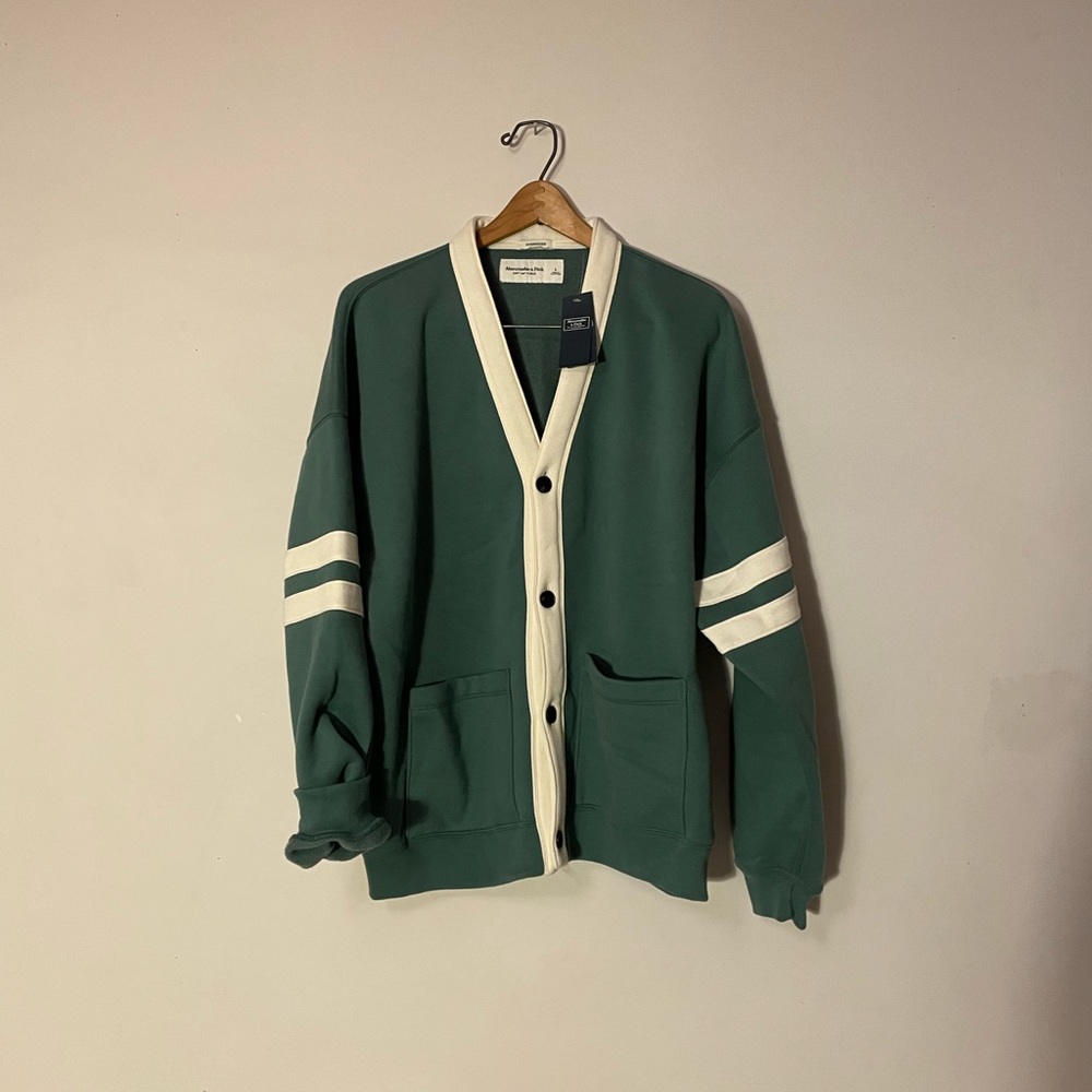 Abercrombie & Fitch Oversized Soft A&F Fleece Tipped Cardigan Large Ivory & Sage